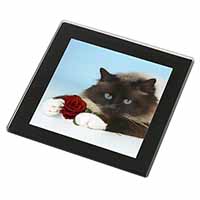 Birman Point Cat with Red Rose Black Rim High Quality Glass Coaster