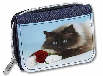 Birman Point Cat with Red Rose Unisex Denim Purse Wallet