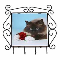Birman Point Cat with Red Rose Wrought Iron Key Holder Hooks