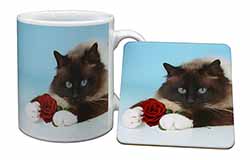 Birman Point Cat with Red Rose Mug and Coaster Set
