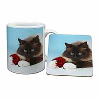 Birman Point Cat with Red Rose Mug and Coaster Set