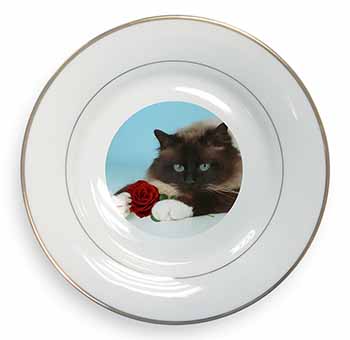 Birman Point Cat with Red Rose Gold Rim Plate Printed Full Colour in Gift Box