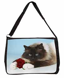 Birman Point Cat with Red Rose Large Black Laptop Shoulder Bag School/College