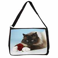 Birman Point Cat with Red Rose Large Black Laptop Shoulder Bag School/College