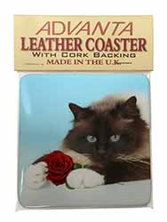 Birman Point Cat with Red Rose Single Leather Photo Coaster
