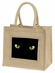 Black Cats Night Eyes Natural/Beige Jute Large Shopping Bag