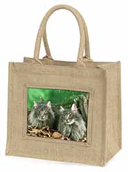 Blue Norwegian Forest Cats Natural/Beige Jute Large Shopping Bag