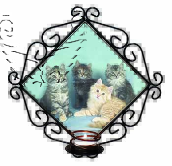 Cute Fluffy Kittens Wrought Iron Wall Art Candle Holder