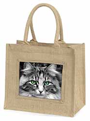 Gorgeous Green Eyes Cat Natural/Beige Jute Large Shopping Bag