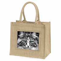 Gorgeous Green Eyes Cat Natural/Beige Jute Large Shopping Bag