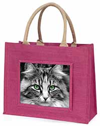 Gorgeous Green Eyes Cat Large Pink Jute Shopping Bag