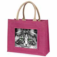 Gorgeous Green Eyes Cat Large Pink Jute Shopping Bag