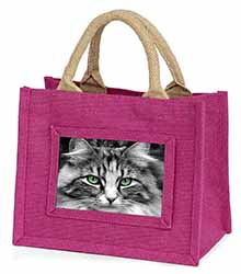 Gorgeous Green Eyes Cat Little Girls Small Pink Jute Shopping Bag