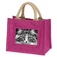 Gorgeous Green Eyes Cat Little Girls Small Pink Jute Shopping Bag