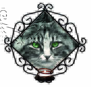 Gorgeous Green Eyes Cat Wrought Iron Wall Art Candle Holder