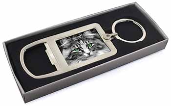 Gorgeous Green Eyes Cat Chrome Metal Bottle Opener Keyring in Box