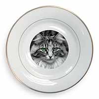 Gorgeous Green Eyes Cat Gold Rim Plate Printed Full Colour in Gift Box