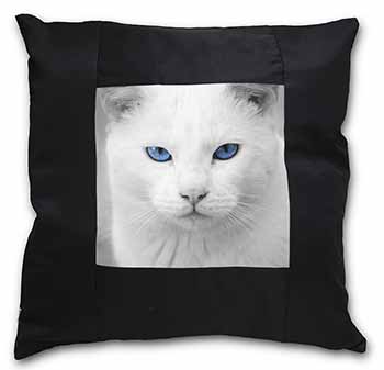 Blue Eyed White Cat Black Satin Feel Scatter Cushion