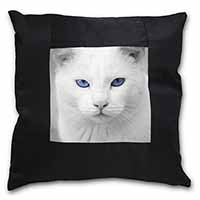 Blue Eyed White Cat Black Satin Feel Scatter Cushion