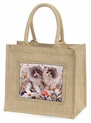Persian Kittens by Roses Natural/Beige Jute Large Shopping Bag