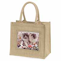 Persian Kittens by Roses Natural/Beige Jute Large Shopping Bag