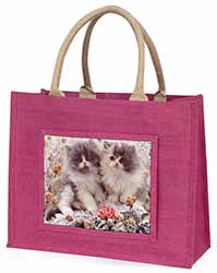 Persian Kittens by Roses Large Pink Jute Shopping Bag