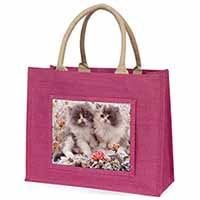 Persian Kittens by Roses Large Pink Jute Shopping Bag