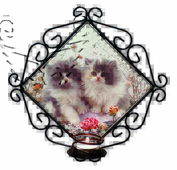 Persian Kittens by Roses Wrought Iron Wall Art Candle Holder