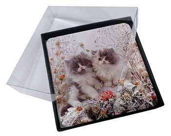 4x Persian Kittens by Roses Picture Table Coasters Set in Gift Box