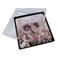 4x Persian Kittens by Roses Picture Table Coasters Set in Gift Box