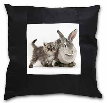 Silver Grey Cat and Rabbit Black Satin Feel Scatter Cushion