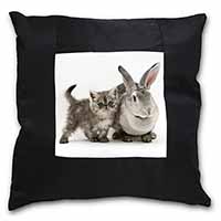 Silver Grey Cat and Rabbit Black Satin Feel Scatter Cushion