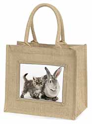 Silver Grey Cat and Rabbit Natural/Beige Jute Large Shopping Bag