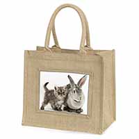Silver Grey Cat and Rabbit Natural/Beige Jute Large Shopping Bag