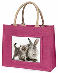 Silver Grey Cat and Rabbit Large Pink Jute Shopping Bag