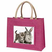 Silver Grey Cat and Rabbit Large Pink Jute Shopping Bag