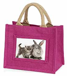 Silver Grey Cat and Rabbit Little Girls Small Pink Jute Shopping Bag