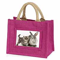 Silver Grey Cat and Rabbit Little Girls Small Pink Jute Shopping Bag