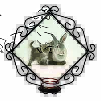 Silver Grey Cat and Rabbit Wrought Iron Wall Art Candle Holder