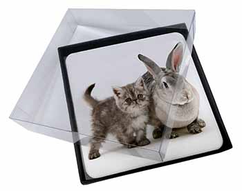 4x Silver Grey Cat and Rabbit Picture Table Coasters Set in Gift Box