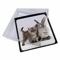 4x Silver Grey Cat and Rabbit Picture Table Coasters Set in Gift Box