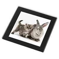 Silver Grey Cat and Rabbit Black Rim High Quality Glass Coaster