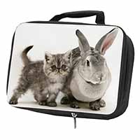 Silver Grey Cat and Rabbit Black Insulated School Lunch Box/Picnic Bag