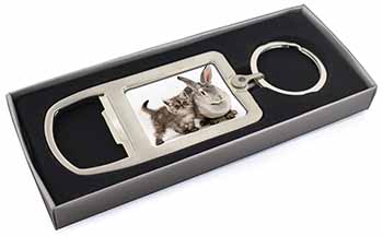 Silver Grey Cat and Rabbit Chrome Metal Bottle Opener Keyring in Box