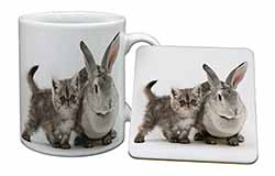 Silver Grey Cat and Rabbit Mug and Coaster Set