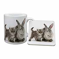 Silver Grey Cat and Rabbit Mug and Coaster Set