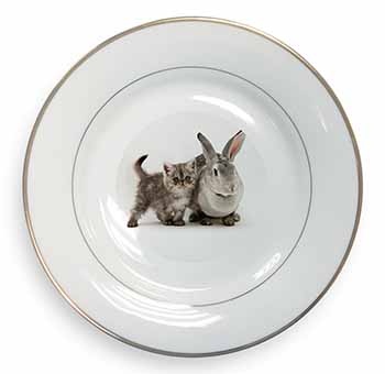 Silver Grey Cat and Rabbit Gold Rim Plate Printed Full Colour in Gift Box
