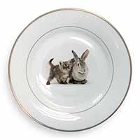 Silver Grey Cat and Rabbit Gold Rim Plate Printed Full Colour in Gift Box