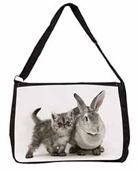 Silver Grey Cat and Rabbit Large Black Laptop Shoulder Bag School/College