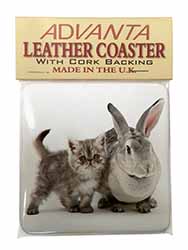 Silver Grey Cat and Rabbit Single Leather Photo Coaster